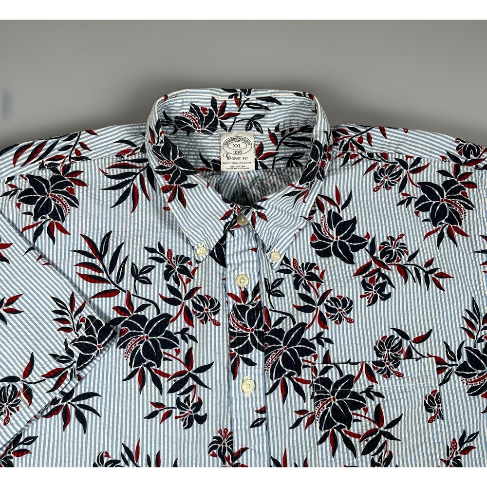 Brooks Brothers Mens Shirt XXL Blue Seersucker Floral Short Sleeve Button Down